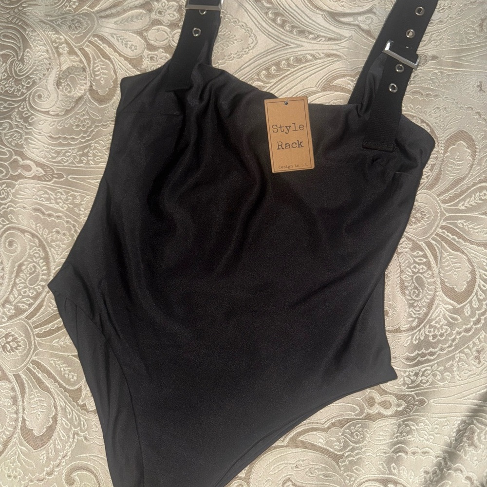 Style Rack Black Fitted Bodysuit with Buckle Straps